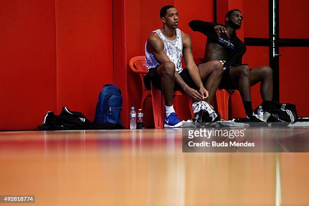Keith Appling and Nnanna Egwu of Orlando Magic rest on the court side after a training session during a NBA Global Games Rio 2015 - Practice Day on...