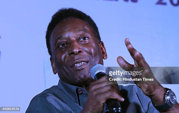 Brazilian football legend Pele during a press conference on October 15, 2015 in Gurgaon, India. Pele, who turns 75 on October 23, is here on a...