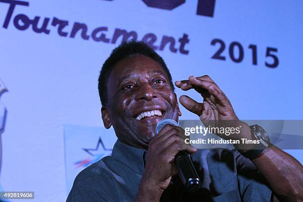 Brazilian football legend Pele during a press conference on October 15, 2015 in Gurgaon, India. Pele, who turns 75 on October 23, is here on a...