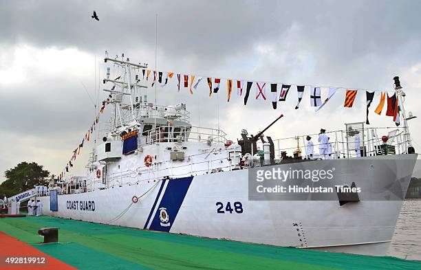 Indian Coast Guard Ship Anmol after commissioning by West Bengal Governor Keshari Nath Tripathi at Andaman Jetty, Khidirpur Dock on October 15, 2015...