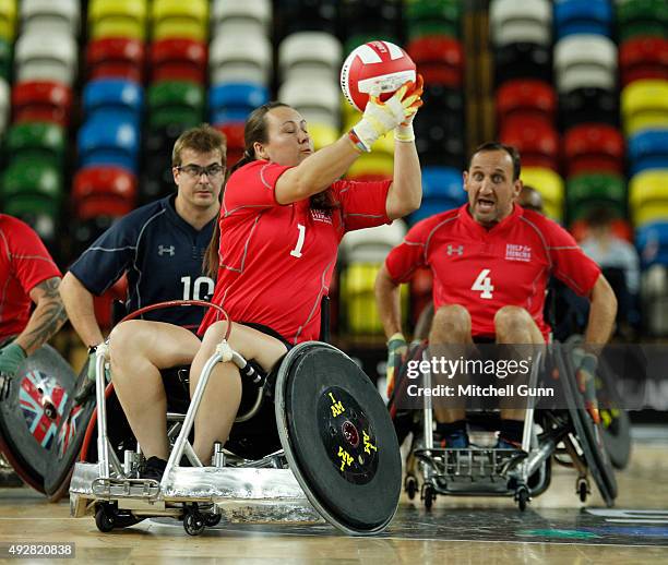 Emma Pack during the 2015 BT World Wheelchair Rugby Challenge Help for Heroes exhibition match between at The Copper Box on October 15, 2015 in...