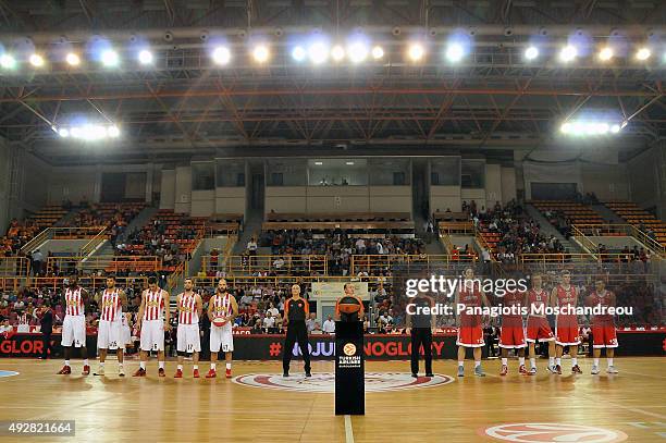 Teams line up during the Turkish Airlines Euroleague Basketball Regular Season Date 1 game Olympiacos Piraeus v Cedevita Zagreb at Heraklion Arena on...