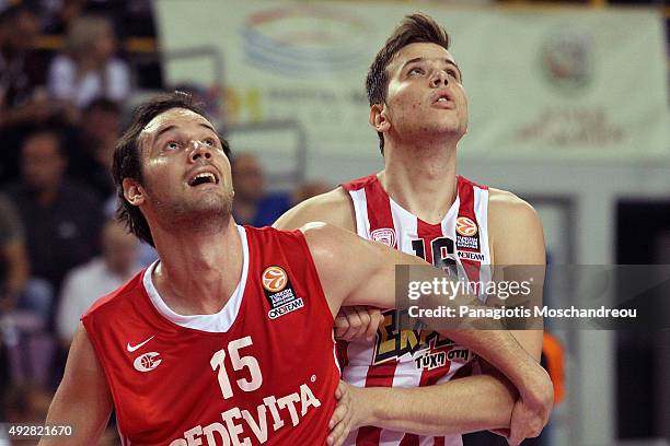 Miro Bilan, #15 of Cedevita Zagreb competes with Agravanis, #16 of Olympiacos Piraeus during the Turkish Airlines Euroleague Basketball Regular...