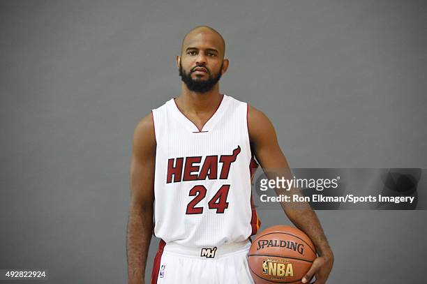 September 28: John Lucas III of the Miami Heat poses for a portrait during media day at the American Airlines Arena on September 28, 2015 in Miami,...