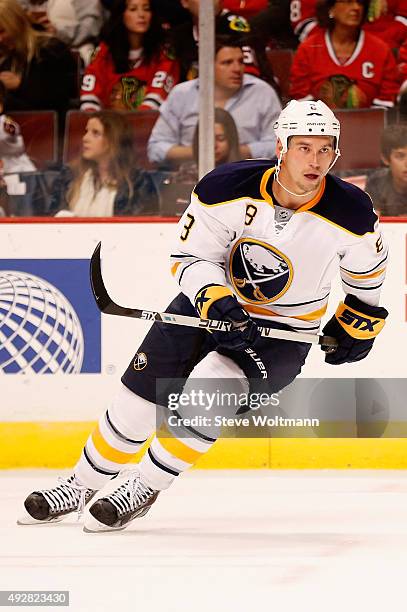 Cody McCormick of the Buffalo Sabres plays in the game against the Chicago Blackhawks at the United Center on October 11, 2014 in Chicago, Illinois.