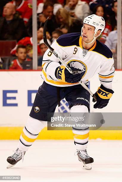 Cody McCormick of the Buffalo Sabres plays in the game against the Chicago Blackhawks at the United Center on October 11, 2014 in Chicago, Illinois.