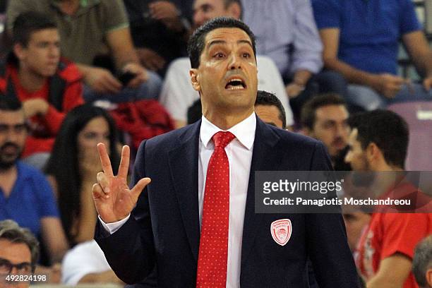 Giannis Sfairopoulos, Head Coach of Olympiacos Piraeus react during the Turkish Airlines Euroleague Basketball Regular Season Date 1 game Olympiacos...