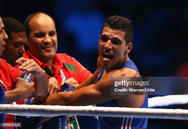 Mohammed Rabii of Morocco celebrates beating Daniyar Yeleussinov of Kazakhstan in the final of the Men's Welter Weight during the AIBA World Boxing...