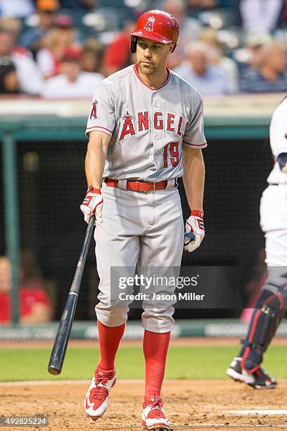 David Murphy of the Los Angeles Angels of Anaheim reacts after striking out to end the top of the fourth inning against the Cleveland Indians at...