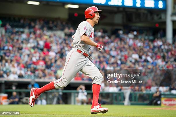 David Murphy of the Los Angeles Angels of Anaheim runs to first during the first inning against the Cleveland Indians at Progressive Field on August...