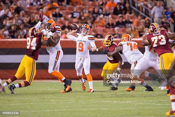 Quarterback Connor Shaw of the Cleveland Browns passes during the second half against the Washington Redskins at FirstEnergy Stadium on August 13,...