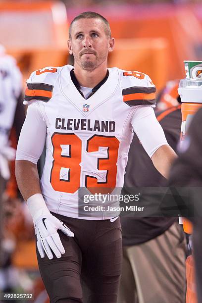 Wide receiver Brian Hartline of the Cleveland Browns walks on the field during the first half of a preseason game against the Buffalo Bills at...