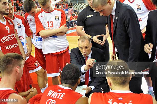 Veljko Mrsic, Headcoach of Cedevita Zagreb react during the Turkish Airlines Euroleague Basketball Regular Season Date 1 game Olympiacos Piraeus v...