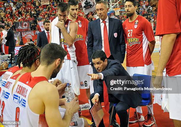 Giannis Sfairopoulos, Head Coach of Olympiacos Piraeus react during the Turkish Airlines Euroleague Basketball Regular Season Date 1 game Olympiacos...