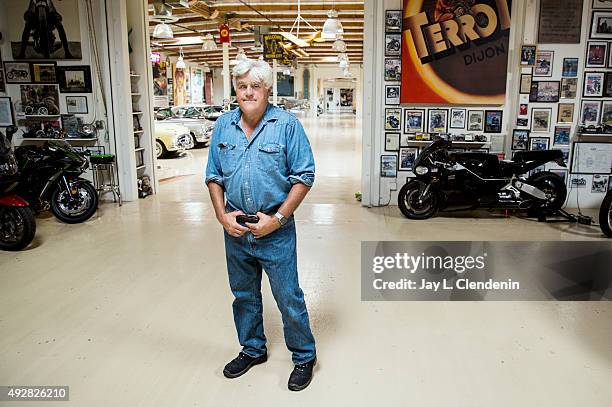 Comedian Jay Leno is photographed in his Big Dog Garage which houses his extensive and historical collection of cars and motorcycles for Los Angeles...