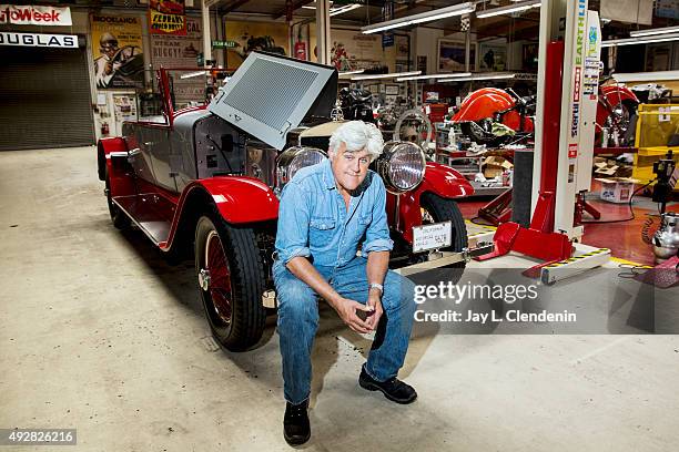 Comedian Jay Leno is photographed in his Big Dog Garage which houses his extensive and historical collection of cars and motorcycles for Los Angeles...