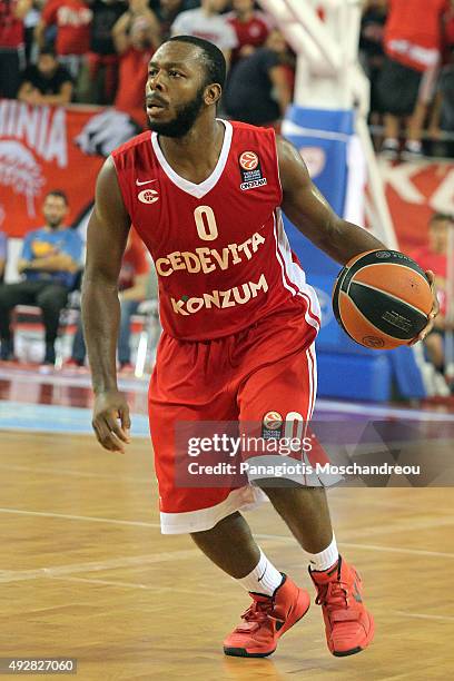 Jacob Pullen, #0 of Cedevita Zagreb in action during the Turkish Airlines Euroleague Basketball Regular Season Date 1 game Olympiacos Piraeus v...