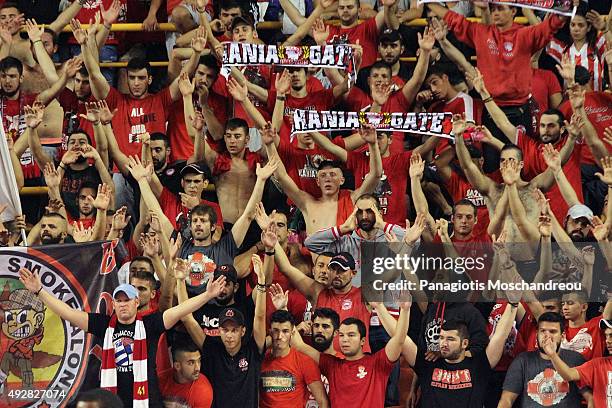Fans of Olympiacos celebrate their team's victory during the Turkish Airlines Euroleague Basketball Regular Season Date 1 game Olympiacos Piraeus v...