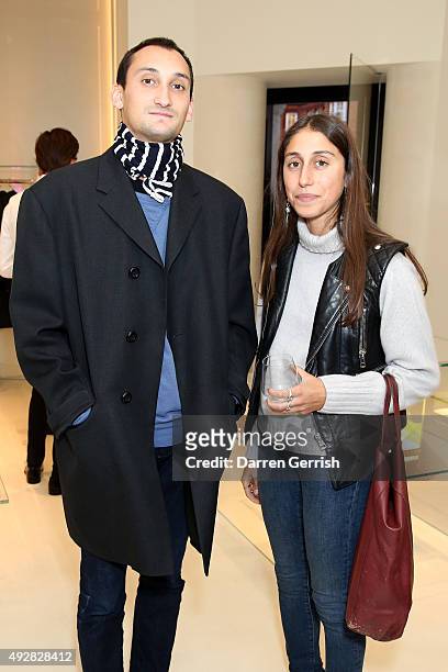 Max Clark and Stephanie Waknine attend the Christopher Kane Art Class 2015 at Christopher Kane Flagship 6-7 Mount Street on October 15, 2015 in...