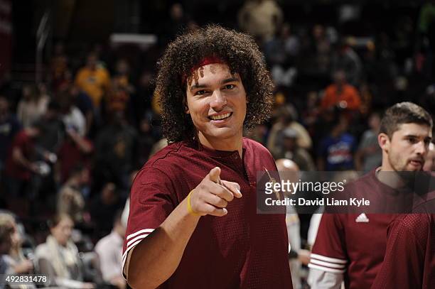 Anderson Varejao of the Cleveland Cavaliers looks on before the game against the Indiana Pacers on October 15, 2015 at Quicken Loans Arena in...