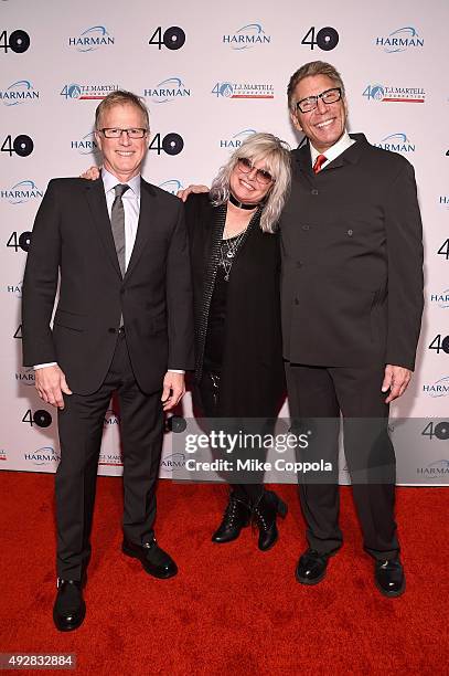 S Alan Hunter, Nina Blackwood, and Mark Goodman attend the T.J. Martell 40th Anniversary NY Gala at Cipriani Wall Street on October 15, 2015 in New...