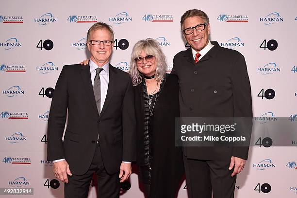S Alan Hunter, Nina Blackwood, and Mark Goodman attend the T.J. Martell 40th Anniversary NY Gala at Cipriani Wall Street on October 15, 2015 in New...