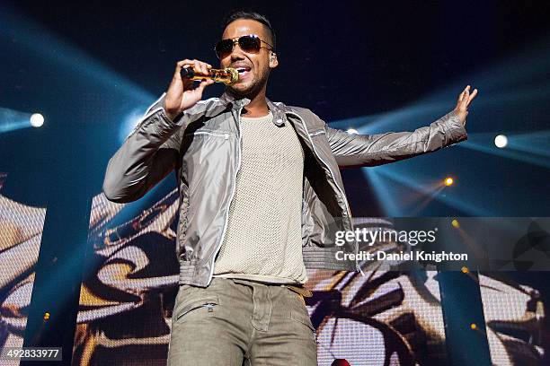 Musician Romeo Santos performs on stage during the opening night of The Formula Vol. 2 Tour at Valley View Casino Center on May 21, 2014 in San...