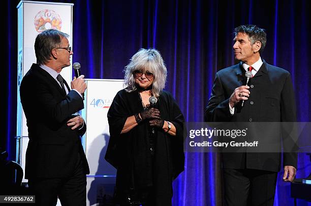 S Alan Hunter, Nina Blackwood, and Mark Goodman speak onstage at the T.J. Martell 40th Anniversary NY Gala at Cipriani Wall Street on October 15,...