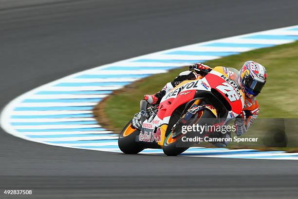 Dani Pedrosa of Spain and the Repsol Honda team rides during free practice for the 2015 MotoGP of Australia at Phillip Island Grand Prix Circuit on...