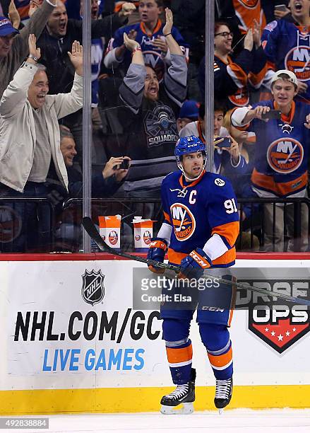 John Tavares of the New York Islanders celebrates his goal in the third period against the Nashville Predators at the Barclays Center on October 15,...