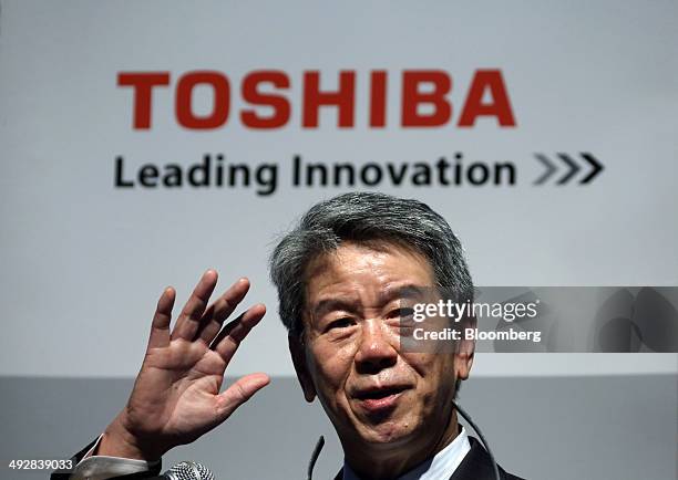 Hisao Tanaka, president and chief executive officer of Toshiba Corp., gestures as he speaks during a news conference in Tokyo, Japan, on Thursday,...