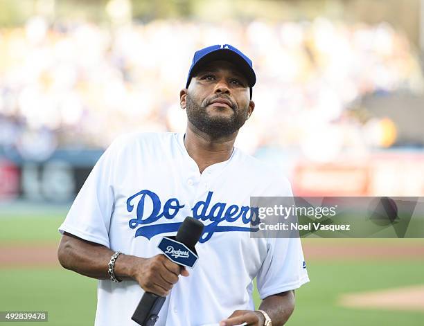 Anthony Anderson attends game five of the National League Division Series between the New York Mets and the Los Angeles Dodgers at Dodger Stadium on...