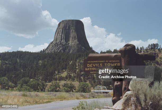 Devils Tower, a laccolith in the Black Hills of Wyoming, USA, circa 1965. It featured in the climax of the 1977 film 'Close Encounters of the Third...