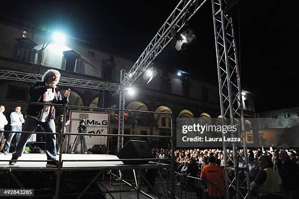 Beppe Grillo, Italian comedian, blogger and political leader of the Movimento 5 Stelle , speaks during a political rally before the European election...