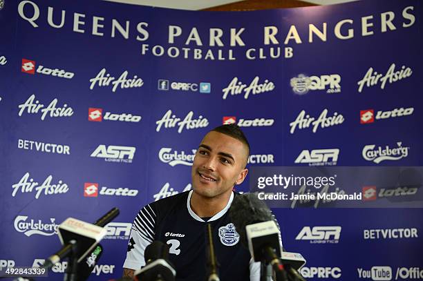 Danny Simpson of Queens Park Rangers talks to the media during a Queens Park Rangers press conference on May 22, 2014 in Harlington, England.