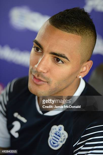 Danny Simpson of Queens Park Rangers talks to the media during a Queens Park Rangers press conference on May 22, 2014 in Harlington, England.