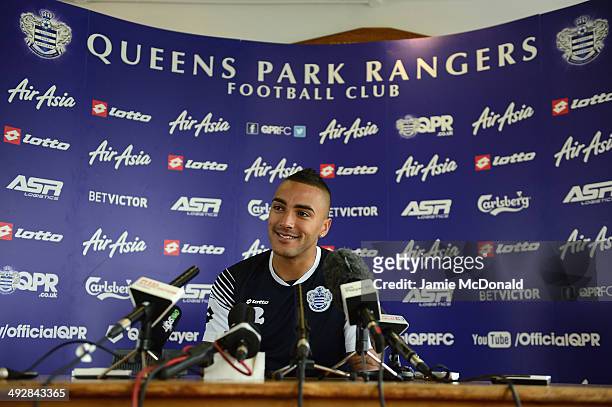 Danny Simpson of Queens Park Rangers talks to the media during a Queens Park Rangers press conference on May 22, 2014 in Harlington, England.