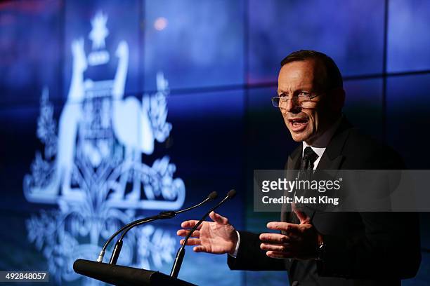 Prime Minister of Australia Tony Abbott speaks during the Australian Socceroos Official Farewell Dinner at Sydney Opera House on May 22, 2014 in...