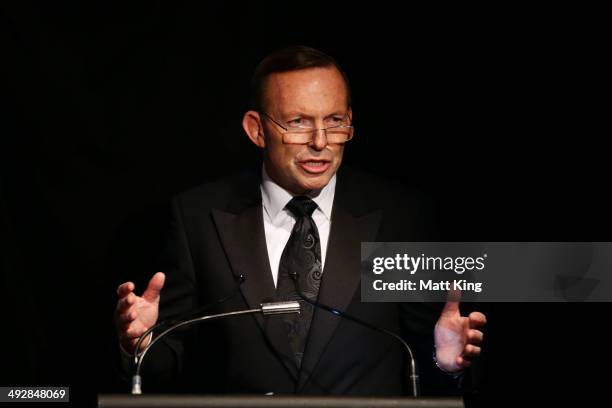 Prime Minister of Australia Tony Abbott speaks during the Australian Socceroos Official Farewell Dinner at Sydney Opera House on May 22, 2014 in...