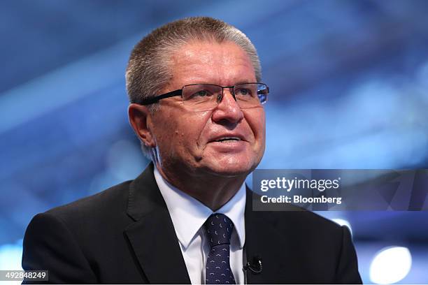 Alexey Ulyukaev, Russia's minister for economic development, reacts during a Bloomberg Television interview at the St. Petersburg International...