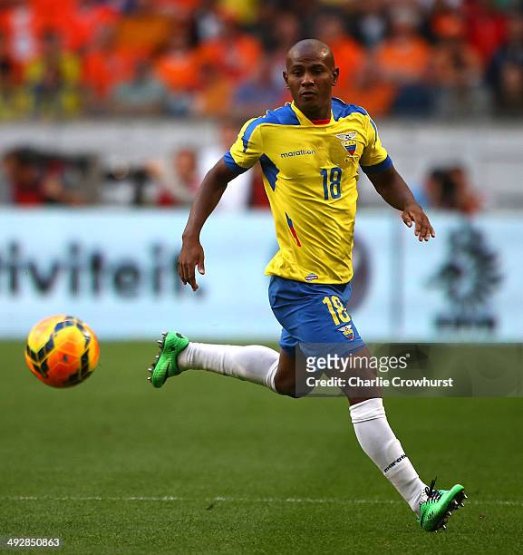 Oscar Bagui of Ecuador attacks during the International Friendly match between The Netherlands and Ecuador at The Amsterdam Arena on May 17, 2014 in...
