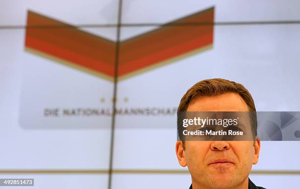 Manager Oliver Bierhoff of Germany looks on during a press conference at the Media Center St Martin on May 22, 2014 in San Martino In Passiria, Italy.