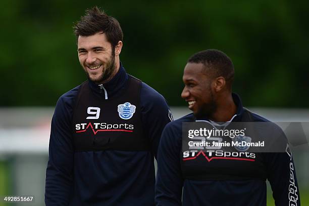 Charlie Austin of Queens Park Rangers look on during a Queens Park Rangers training session on May 22, 2014 in Harlington, England.