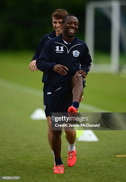 Shaun Wright-Phillips of Queens Park Rangers warms up during a Queens Park Rangers training session on May 22, 2014 in Harlington, England.