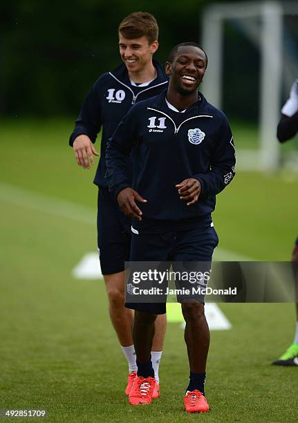 Shaun Wright-Phillips of Queens Park Rangers warms up during a Queens Park Rangers training session on May 22, 2014 in Harlington, England.