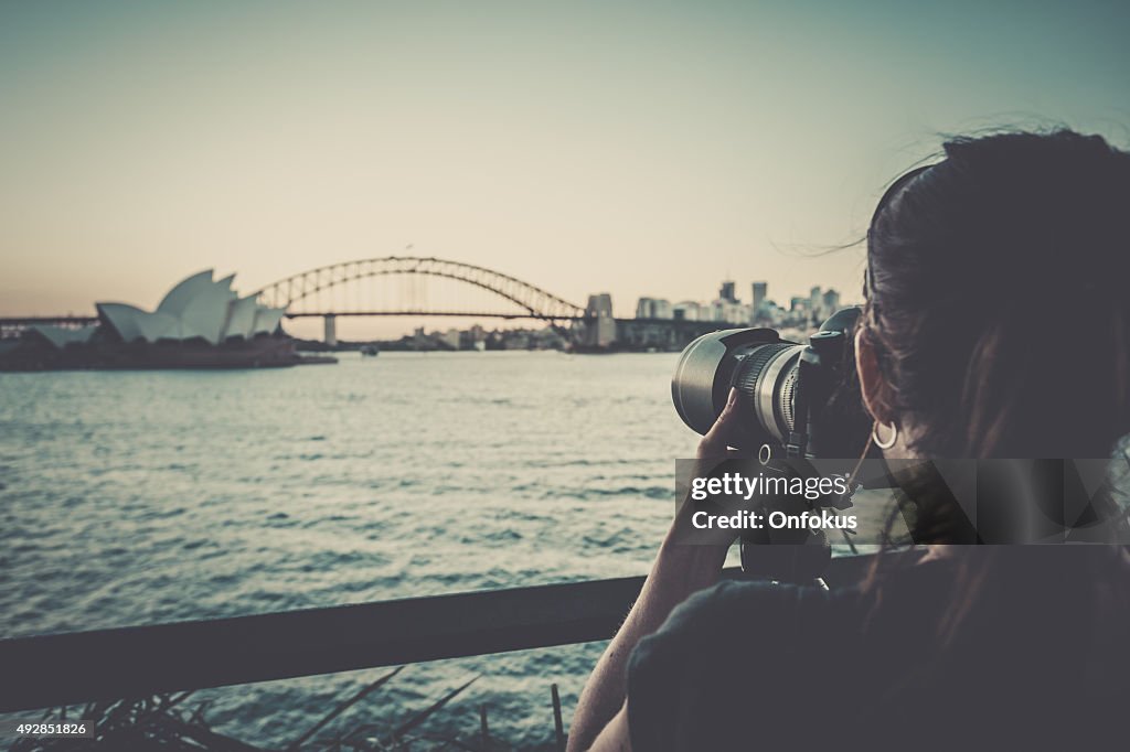 Photographer Woman Taking Pictures of Sydney City