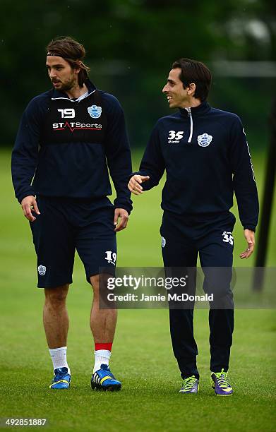 Yossi Benayoun and Niko Kranjcar of Queens Park Rangers warms up during a Queens Park Rangers training session on May 22, 2014 in Harlington, England.