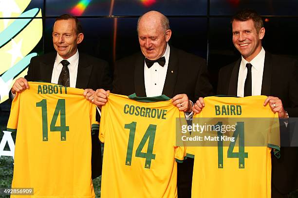 Prime Minister of Australia Tony Abbott, Governor-General of Australia Peter Cosgrove and NSW Premier Mike Baird are presented with Socceroos jerseys...