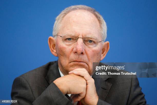 German Finance Minister Wolfgang Schaeuble speaks to the media at the Federal Press Conference on May 22, 2014 in Berlin, Germany.