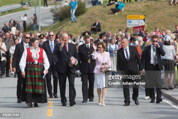 King Harlad of Norway and Queen Sonja of Norway visit the community of Aure on May 21, 2014 on May 21, 2014 in More And Romsdal County, Norway. King...